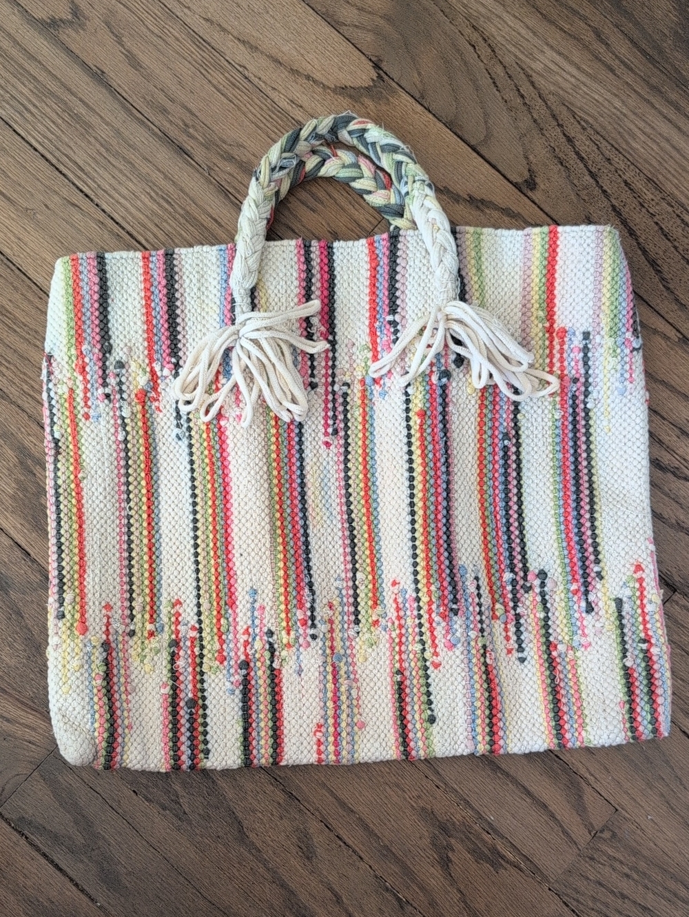 Vintage Woven Multicolor Stripe Tote Bag - Cream and Pastel Accents